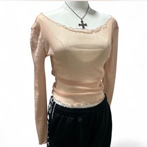 Pink Sheer Long Sleeve Fairycore Top Ruffle Trim Hemline Stretchy Woman's Small